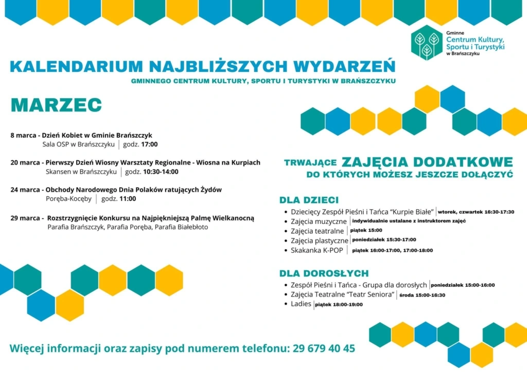 Plakat: Kalendarium wydarzeń Centrum Kultury w Brańszczyku — marzec 2026