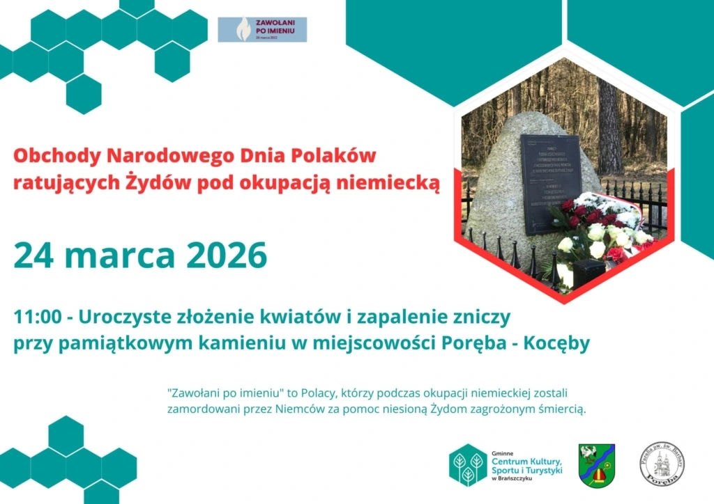 Plakat: Narodowy Dzień Pamięci Polaków ratujących Żydów — zaproszenie na 24 marca