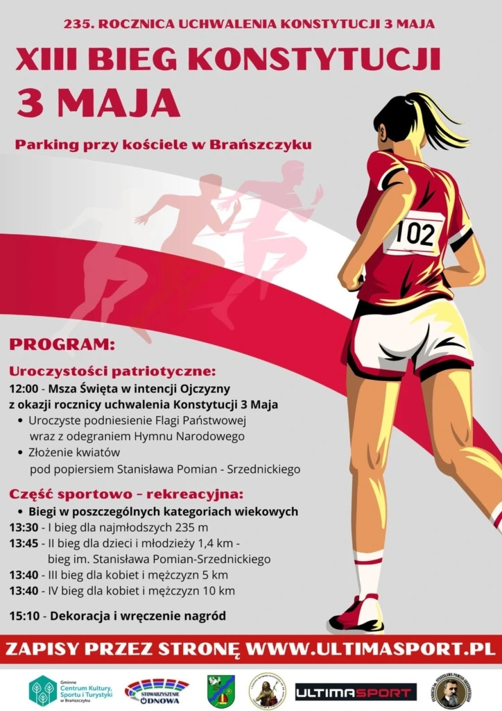 Plakat: XIII Bieg Konstytucji 3 Maja w Brańszczyku — zaproszenie