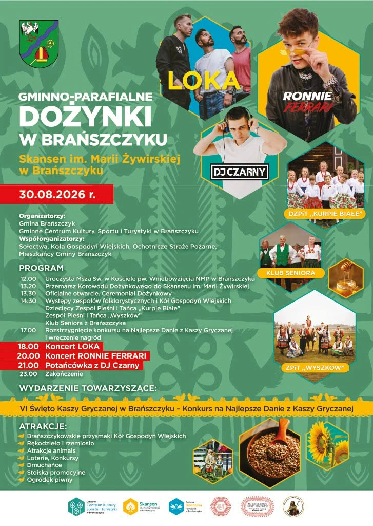 Plakat: Gminne Dożynki w Brańszczyku 2026 — zaproszenie do skansenu