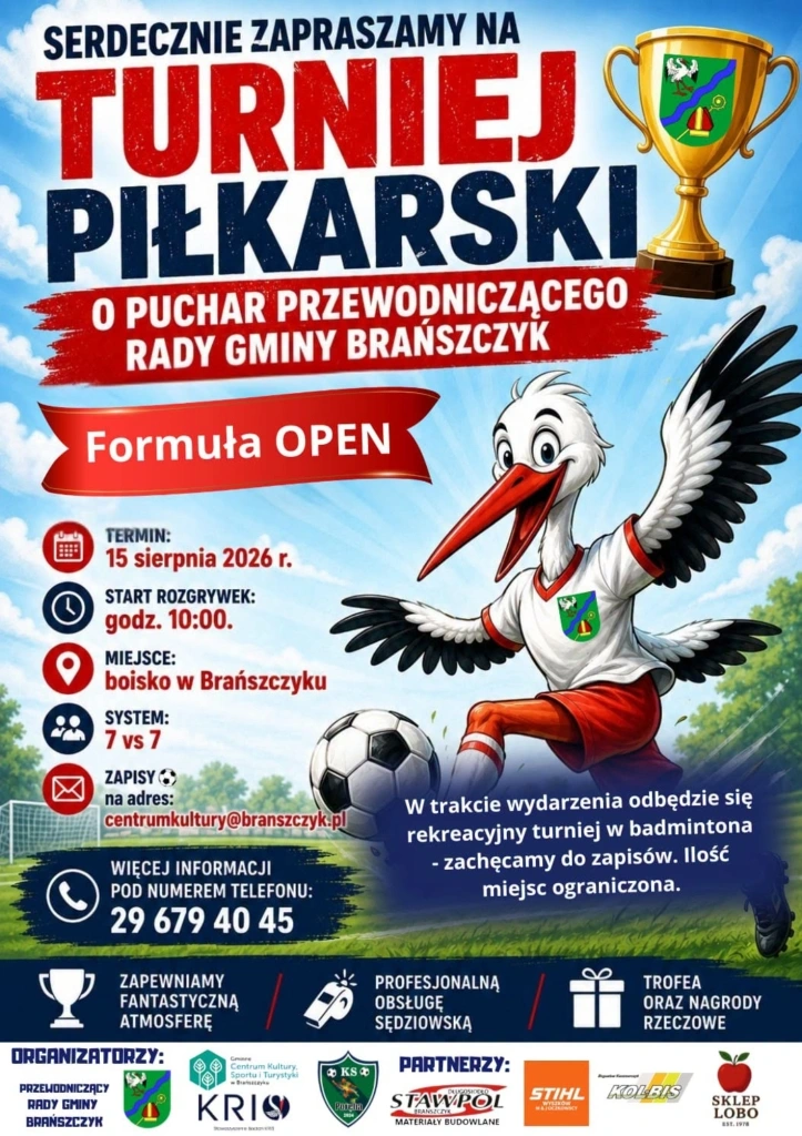 Plakat: Turniej piłkarski o Puchar Przewodniczącego Rady Gminy Brańszczyk — zapisy