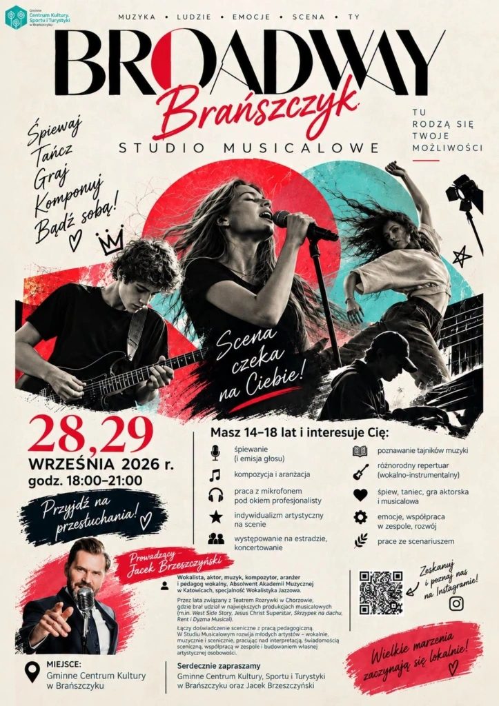 Plakat: Broadway Brańszczyk — przesłuchania do studia musicalowego