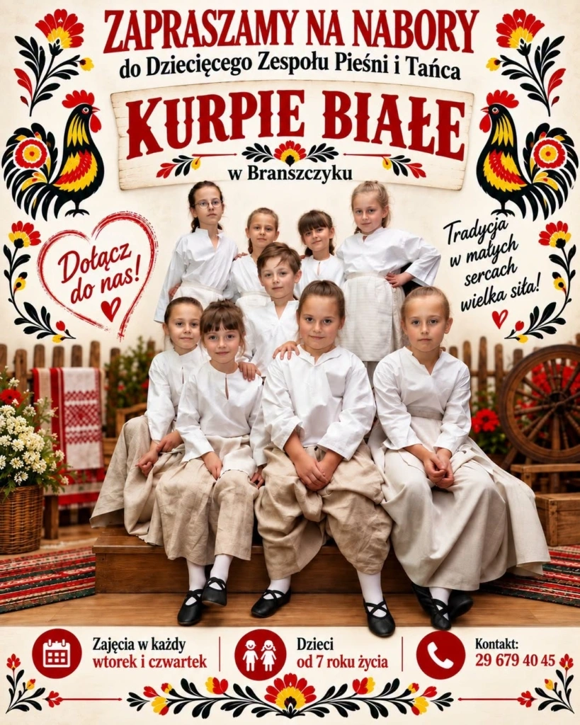 Plakat: Nabór do zespołu „Kurpie Białe” w Brańszczyku